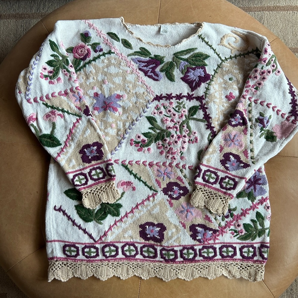 Vintage 90s Patchwork Floral 3D Embroidered Sweater Size L Pink Crochet Cottage